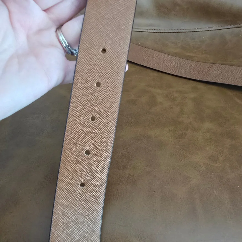 Michael Kors Reversible MK Logo Belt Gold Buckle Monogram Tan Saffiano 33-37